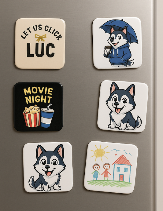 Set of colorful refrigerator magnets on a metallic surface